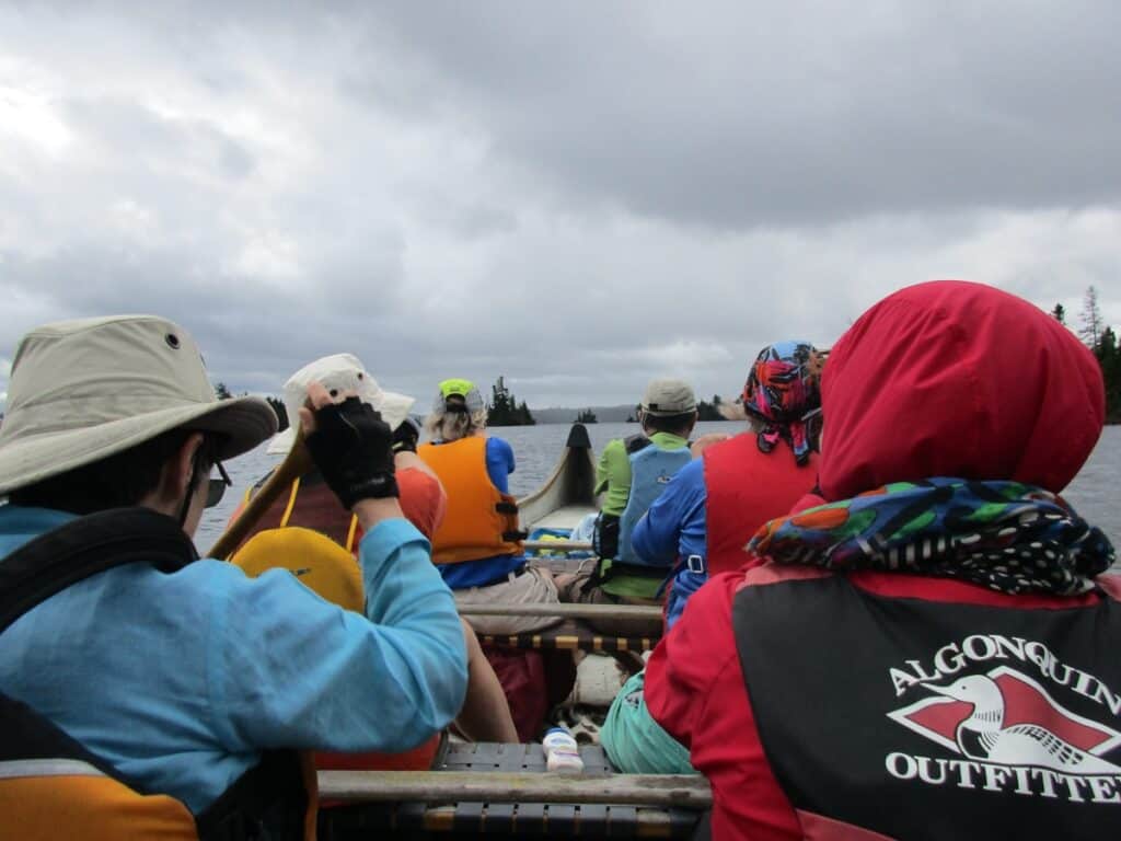A view from the stern captures a group of canoeists, adorned with sun hats and life jackets, paddling a voyageur canoe on a cloudy day in Algonquin Provincial Park. The focus is on their backs and the rhythmic positioning of their paddles, with a glimpse of the lake’s expanse ahead and a forested shoreline in the distance, encapsulating a moment of teamwork and adventure amidst nature’s grandeur.