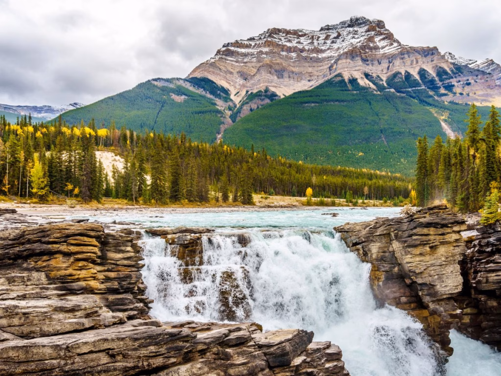 Athabasca Falls with Mount Kerkeslin just south of Jasper, Alberta