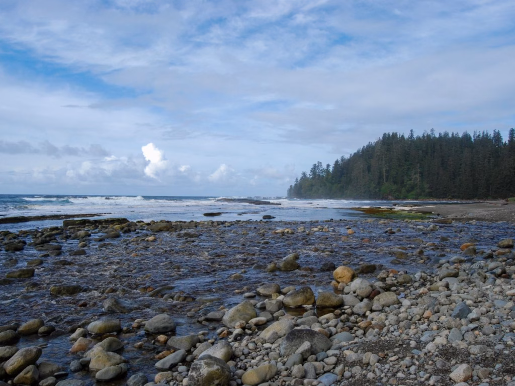 Stoney beach along the West Coast Trail in Pacific Rim National Park Reserve in BC