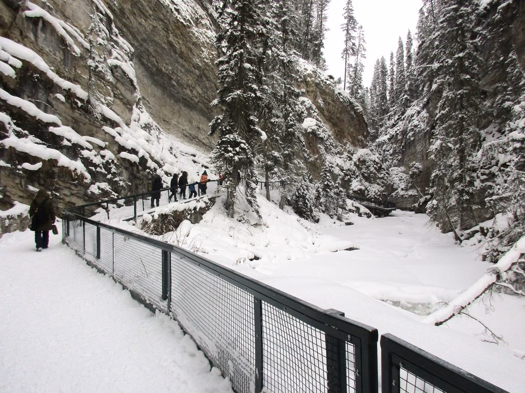 Group walking in Johnston Canyon in winter, Banff